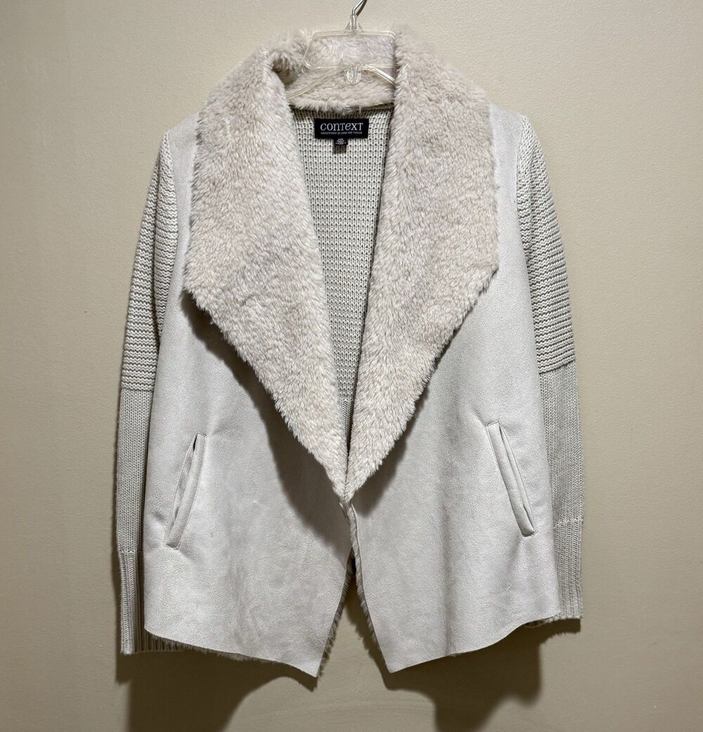 Context Women M Beige Faux Suede Cardigan Sherpa Collar Open Front Quiet Luxury